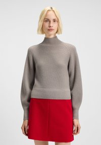 Blonde woman wearing a gray ribbed turtleneck sweater and a bright red skirt standing against a plain white background.