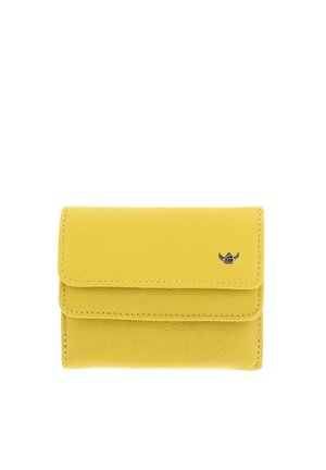 Yellow leather wallet with flap closure and small silver horned emblem on the front, displayed on white background.