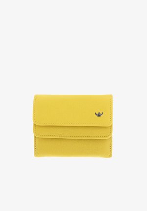 Portefeuille en cuir jaune avec fermeture à rabat et petit emblème argenté à cornes à l'avant, présenté sur fond blanc.