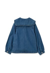 Giacca di jeans blu scuro con maniche lunghe, colletto arricciato, polsini con bottoni e vestibilità rilassata. Cuciture decorative sulla schiena e sulle spalle.