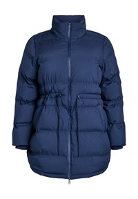 Tamsiai mėlyna pūkinė striukė su aukštu apykakle, elastinga raištelių juosta, užtrauktuku ir sukurtu raštu. Ypatumai: ilgos rankovės ir laisvas siluetas.