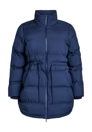 Dunkelblauer Pufferjacke mit hohem Kragen, elastischem Zugband in der Taille, Reißverschluss und gestepptem Design. Verfügt über lange Ärmel und einen lockeren Schnitt.