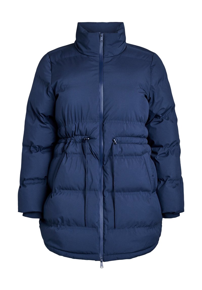 Tamsiai mėlyna pūkinė striukė su aukštu apykakle, elastinga raištelių juosta, užtrauktuku ir sukurtu raštu. Ypatumai: ilgos rankovės ir laisvas siluetas.