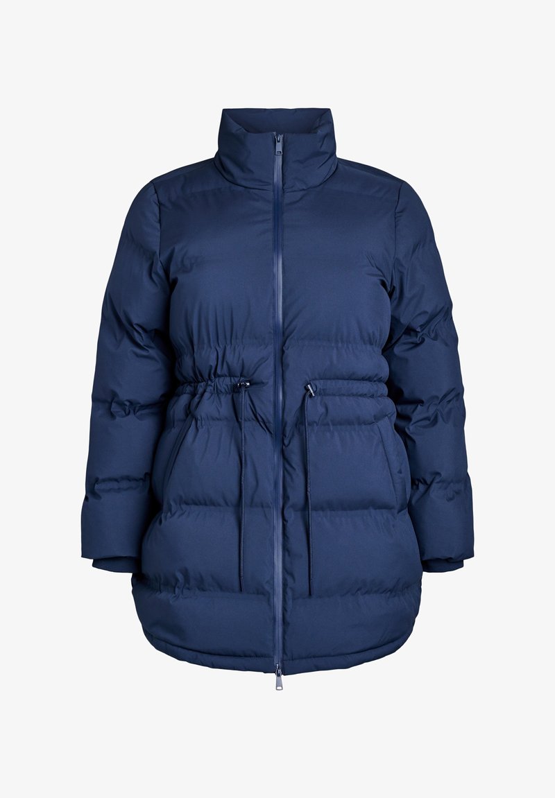 Tamsiai mėlyna pūkinė striukė su aukštu apykakle, elastinga raištelių juosta, užtrauktuku ir sukurtu raštu. Ypatumai: ilgos rankovės ir laisvas siluetas.