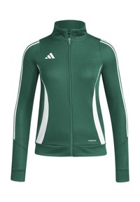 Giacca sportiva verde con strisce bianche sui lati, chiusura con zip, collo alto, maniche lunghe, realizzata in tessuto liscio e stretch, etichettata AEROREADY.