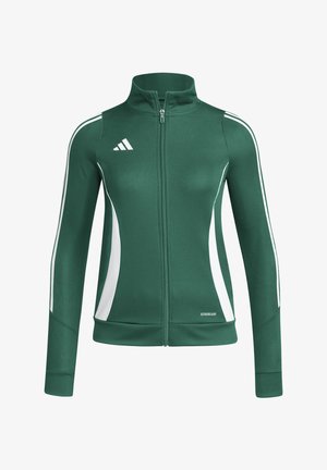 Giacca sportiva verde con strisce bianche sui lati, chiusura con zip, collo alto, maniche lunghe, realizzata in tessuto liscio e stretch, etichettata AEROREADY.
