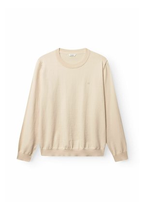 Sweat-shirt beige à manches longues avec col rond, poignets et ourlet côtelés, petit logo discret sur le côté gauche de la poitrine.