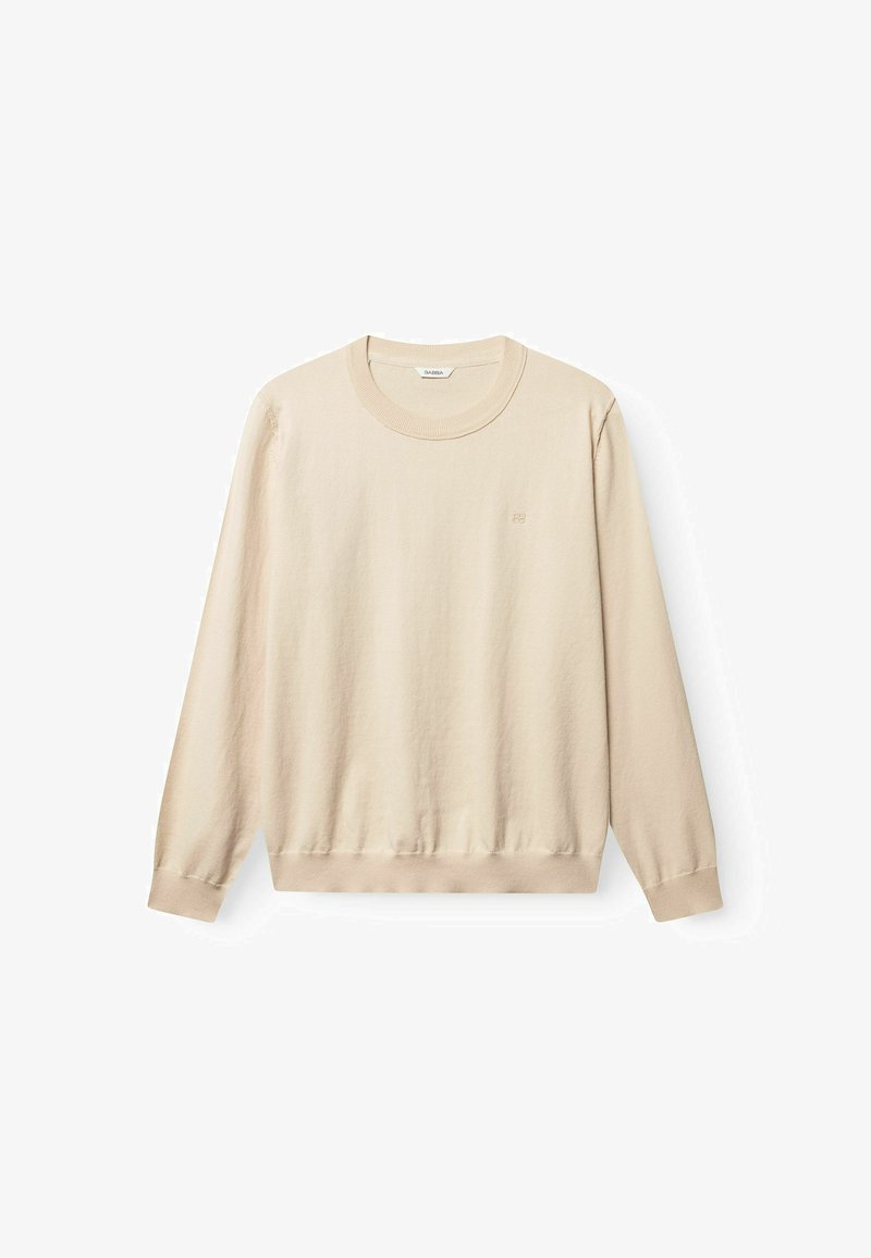 Sweat-shirt beige à manches longues avec col rond, poignets et ourlet côtelés, petit logo discret sur le côté gauche de la poitrine.
