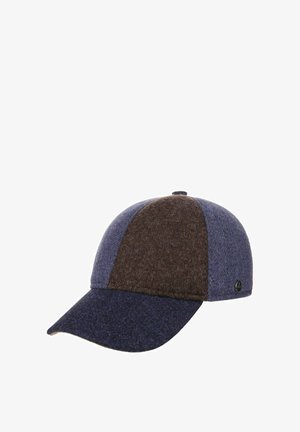 Baseballkappe mit Wollstoffpaneelen in Marineblau und Braun, mit einem kleinen runden Logo an der Seite.