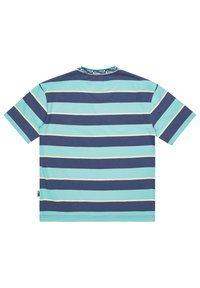 Short-sleeved shirt featuring horizontal stripes in aqua, navy, and yellow. Round neck with a patterned trim, made of lightweight cotton.