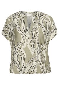 T-shirt à manches courtes de couleur vert clair, avec un design fluide orné de motifs abstraits noirs et blancs. Encolure en V et coupe décontractée.
