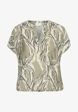 Koszulka z krótkim rękawem w jasnym zielonym kolorze, charakteryzująca się swobodnym krojem i abstrakcyjnymi wzorami w czerni i bieli. Dekolt w serek i luźny krój.