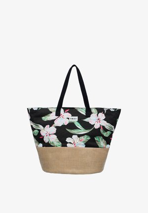 Große Tragetasche mit schwarzem Oberteil, das weiße und pinke Hibiskusblumen zeigt, tanfarbenem gewebtem Boden und schwarzen Schulterriemen.