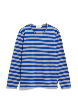 Gestreiftes Langarmshirt in Hellgrau mit blauen horizontalen Streifen, runder Ausschnitt, weicher Stoff und lässiger Schnitt.