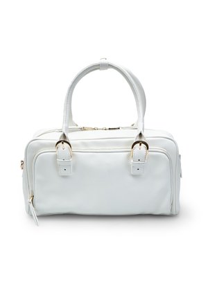 White leather handbag with dual top handles, gold-tone hardware, zip closures, and contrasting stitching. Smooth texture, rectangular shape.