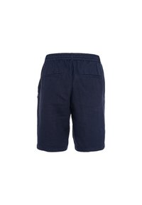 Granatowe lniane szorty z elastycznym pasem, dwoma tylnymi kieszeniami i długością do kolan. Posiadają lekką i teksturowaną tkaninę.
