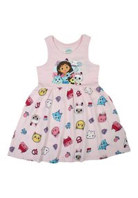 Robe sans manches rose clair avec un haut ajusté et une jupe évasée, ornée d'imprimés ludiques de chats et de personnages de diverses couleurs.