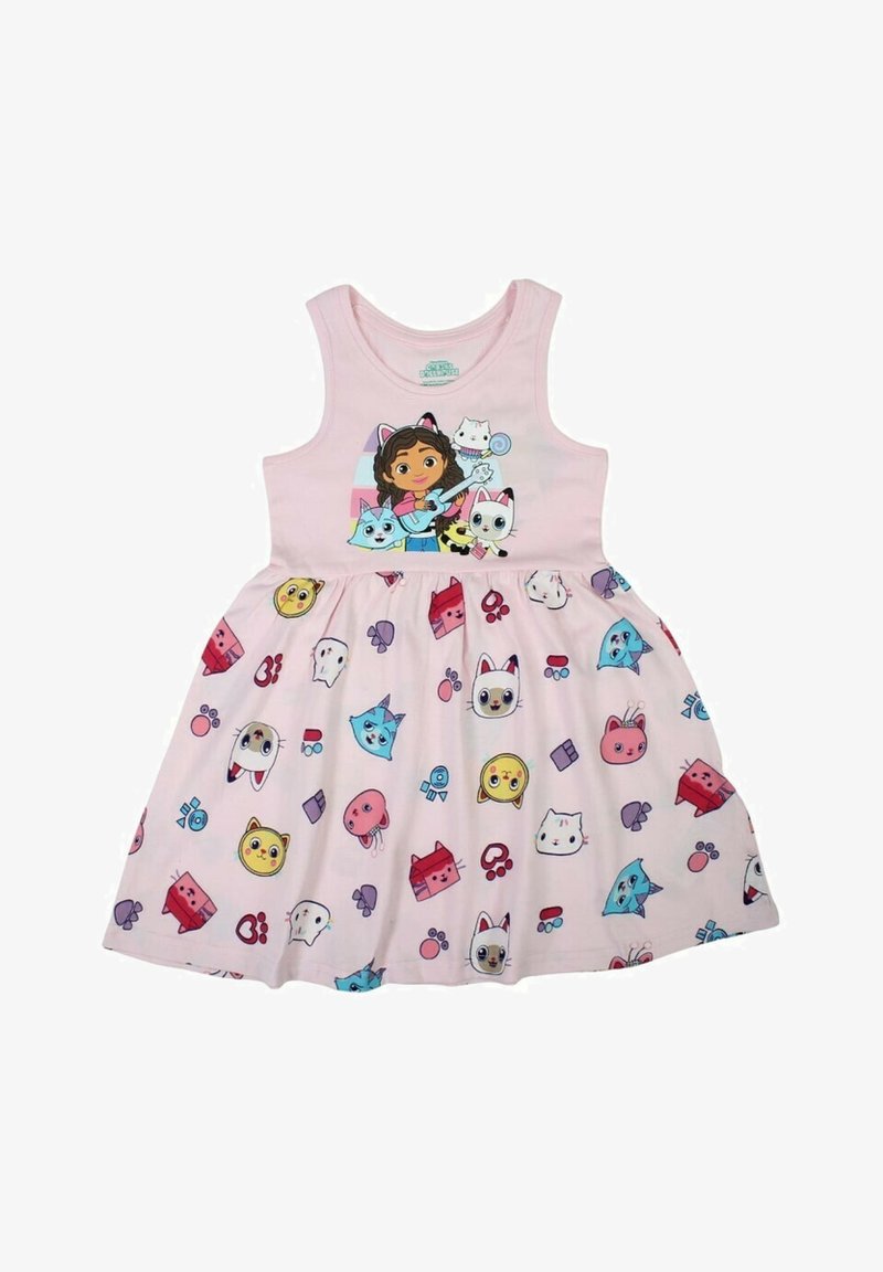 Robe sans manches rose clair avec un haut ajusté et une jupe évasée, ornée d'imprimés ludiques de chats et de personnages de diverses couleurs.