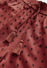 Shorts de couleur rouille avec une taille à cordon de serrage, ornés de motifs brodés noirs et d'accents en glands aux attaches. Tissu doux et texturé.