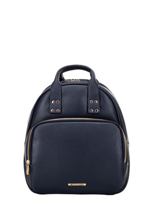 Navyblauer texturierten Leder-Rucksack mit doppelten oberen Griffen, goldenen Hardwareteilen und einer vorderen Reißverschlusstasche. Verfügt über einen reibungslosen Reißverschlussverschluss.