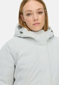 Lichtgrijze geïsoleerde jas met een hoge kraag, verstelbare capuchon en drukknoopsluitingen. Bevat subtiele stikdetails en een matte afwerking.