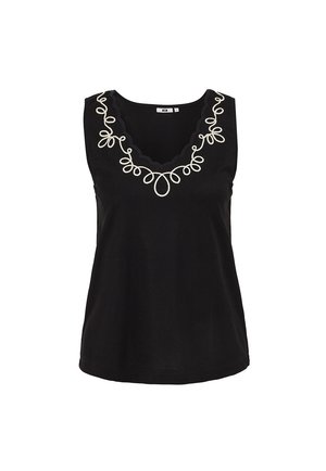 Črni brezrokavnik s skodlanim izrezom in belo vezjo z zanko ob sprednjem izrezu.