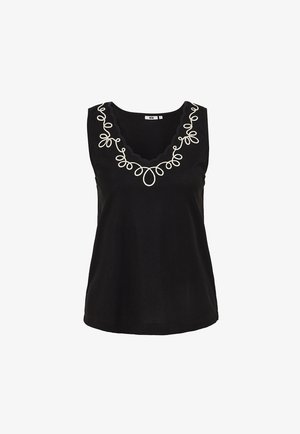 Črni brezrokavnik s skodlanim izrezom in belo vezjo z zanko ob sprednjem izrezu.