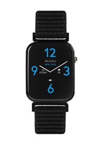 Zwarte smartwatch met blauwe cijfers, zwarte stoffen band, toont tijd, datum, stappentelling, hartslag en batterijniveau-iconen.