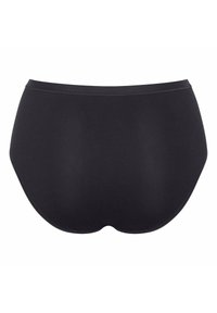 Schwarze Damenunterwäsche mit hoch tailliertem Design, glatter Textur und nahtloser Optik, mit vollständiger Abdeckung.