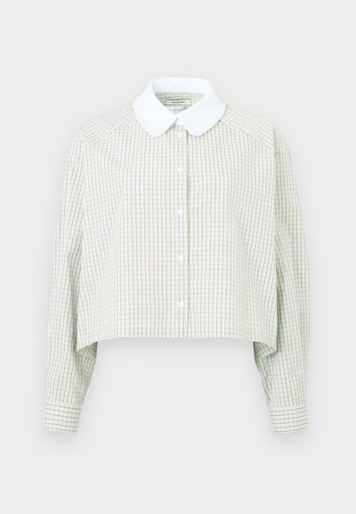 Cropped button-up shirt in light green and white check pattern. Features a white collar and long sleeves with buttoned cuffs. Soft fabric.