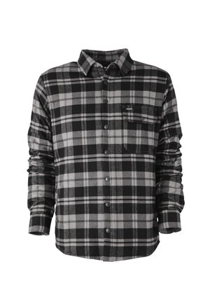 Camisa de franela a cuadros en negro y gris con cierre de botones, mangas largas y un bolsillo en el pecho. Textura suave y diseño casual.