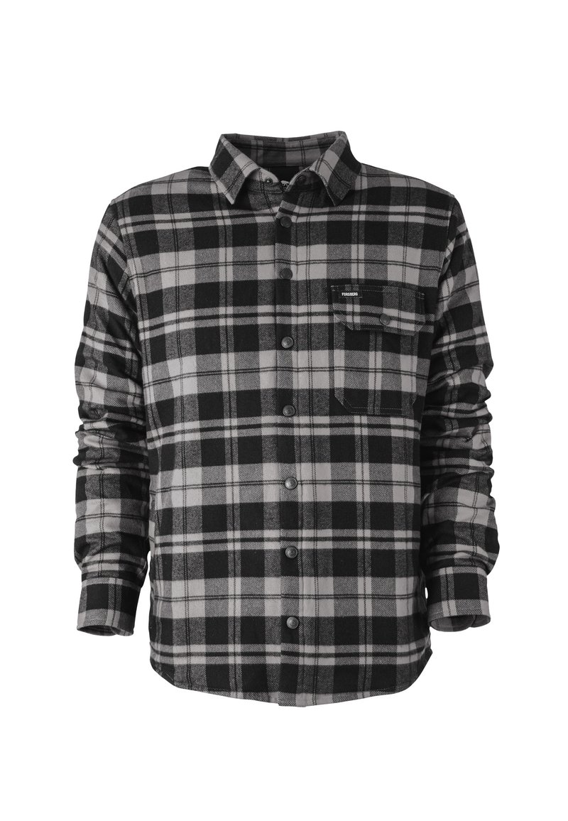 Camicia in flanella a quadri nera e grigia con chiusura a bottoni, maniche lunghe e tasca sul petto. Texture morbida e design casual.