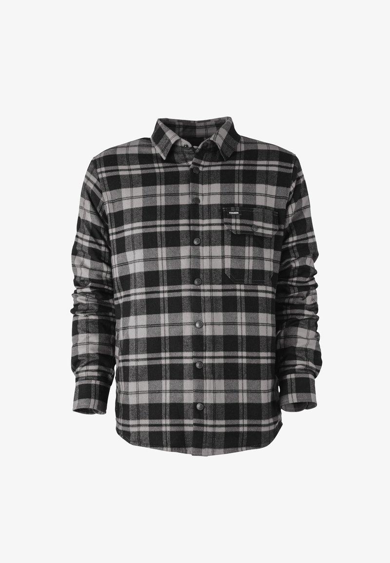 Camicia in flanella a quadri nera e grigia con chiusura a bottoni, maniche lunghe e tasca sul petto. Texture morbida e design casual.
