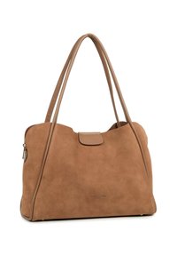 Bruine suède handtas met gladleren accenten. Zachte textuur, afgeronde vorm, twee lange handvatten en een magnetische flapsluiting.