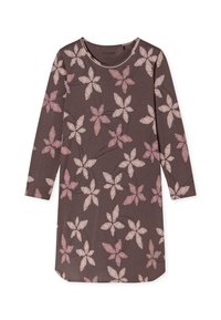 Long-sleeve dress in dark brown with a floral print in light pink and cream. Features a rounded neckline and soft, smooth fabric.