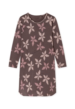 Long-sleeve dress in dark brown with a floral print in light pink and cream. Features a rounded neckline and soft, smooth fabric.