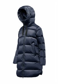 Navy pufferjas met capuchon, met een gequilt ontwerp, vooraan met een ritssluiting en twee zijzakken. Gelaagd materiaal met een gladde afwerking.