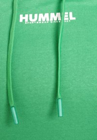 Grön hoodie med vitt "HUMMEL"-logotyp. Har en texturerad tyg, dragsnodd med teal-färgade spetsar och en enkel, avslappnad design.