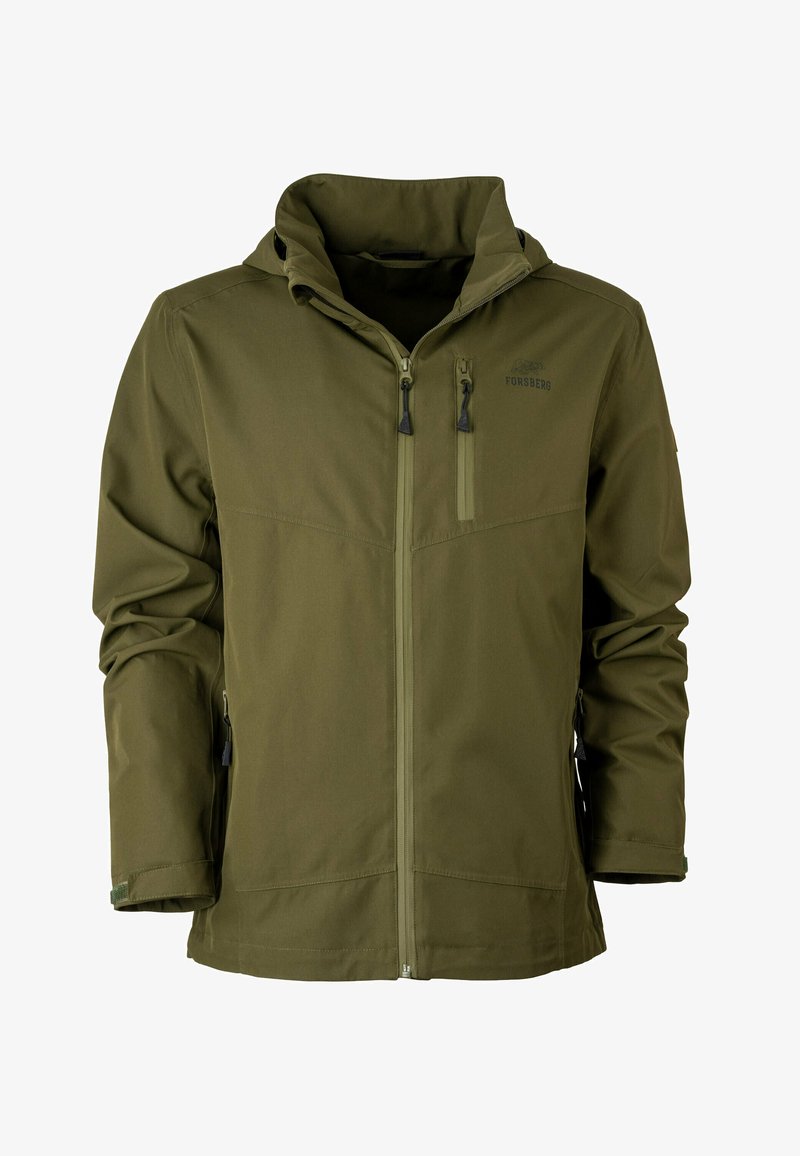 Olivegrüne Jacke mit einem Reißverschluss vorne, verstellbarer Kapuze und Seitentaschen. Mit glattem Stoff und minimalistischem Design mit Logodetail.