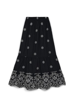 Black tiered skirt featuring white floral embroidery, elastic waistband, and scalloped hem. Lightweight fabric with a flowing design.