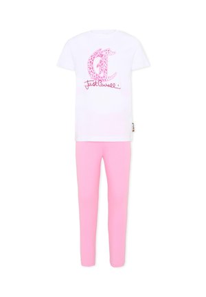 Wit T-shirt met korte mouwen, voorzien van een roze luipaardprint "C" en de tekst "Just Cavalli", gecombineerd met effen roze leggings.