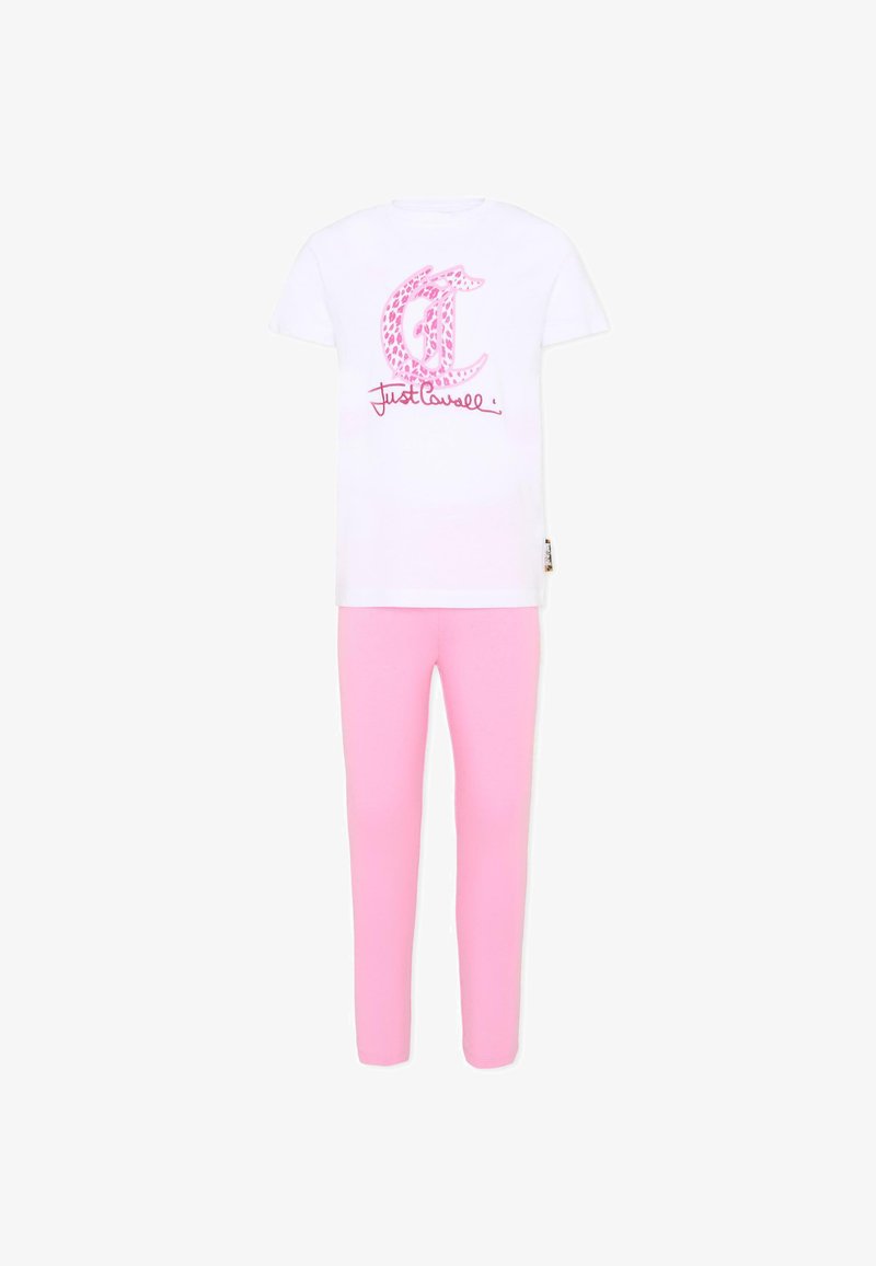 T-shirt blanc à manches courtes avec impression léopard rose en forme de "C" et texte "Just Cavalli" associé à des leggings roses unis.