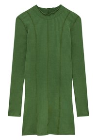 Haut vert côtelé à manches longues avec un col montant et un bord à volants, présentant des coutures verticales et une coupe ajustée.