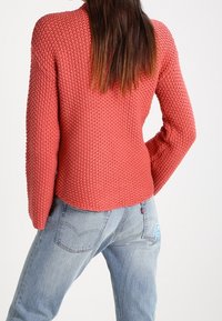 Person in einem strukturierten rosa Pullover und hellblauen Jeans, von hinten vor einem schlichten weißen Hintergrund gezeigt.