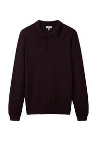 Polo a maniche lunghe color marrone scuro realizzato in un materiale morbido, con colletto classico e tre bottoni neri lungo la patta.