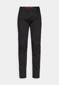 Pantalon noir slim fit avec fermeture bouton et zip, poches avant et arrière, présenté sur un fond uni gris clair.