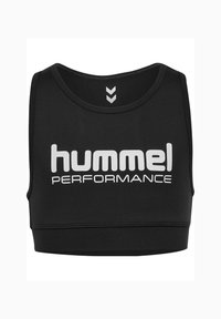 Sort sportsbh med rund halsudskæring, prydet med et stort hvidt "hummel" logo og teksten "PERFORMANCE". Glat, strækbart stof med forstærkede sømme.