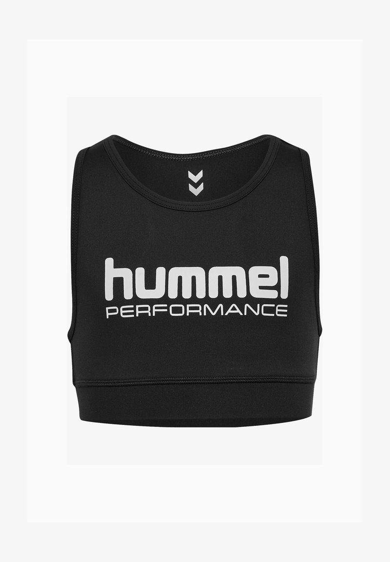 Schwarzer Sport-BH mit rundem Ausschnitt, der ein großes weißes "hummel" Logo und den Text "PERFORMANCE" präsentiert. Glattes, dehnbares Material mit verstärkten Nähten.