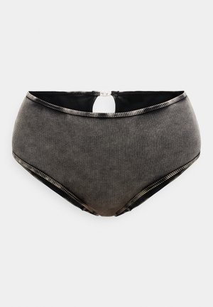 Slip de costum de baie cu talie înaltă, negru cu dungi gri, cu decupaj în partea din spate și detaliu cu talie elastică în contrast.