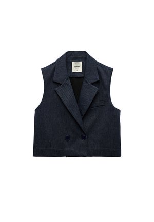 Navy denim mouwloos blazer met een gekraagde kraag, dubbele knoopsluiting en een enkele borstzak. Katoene, stevige textuur.
